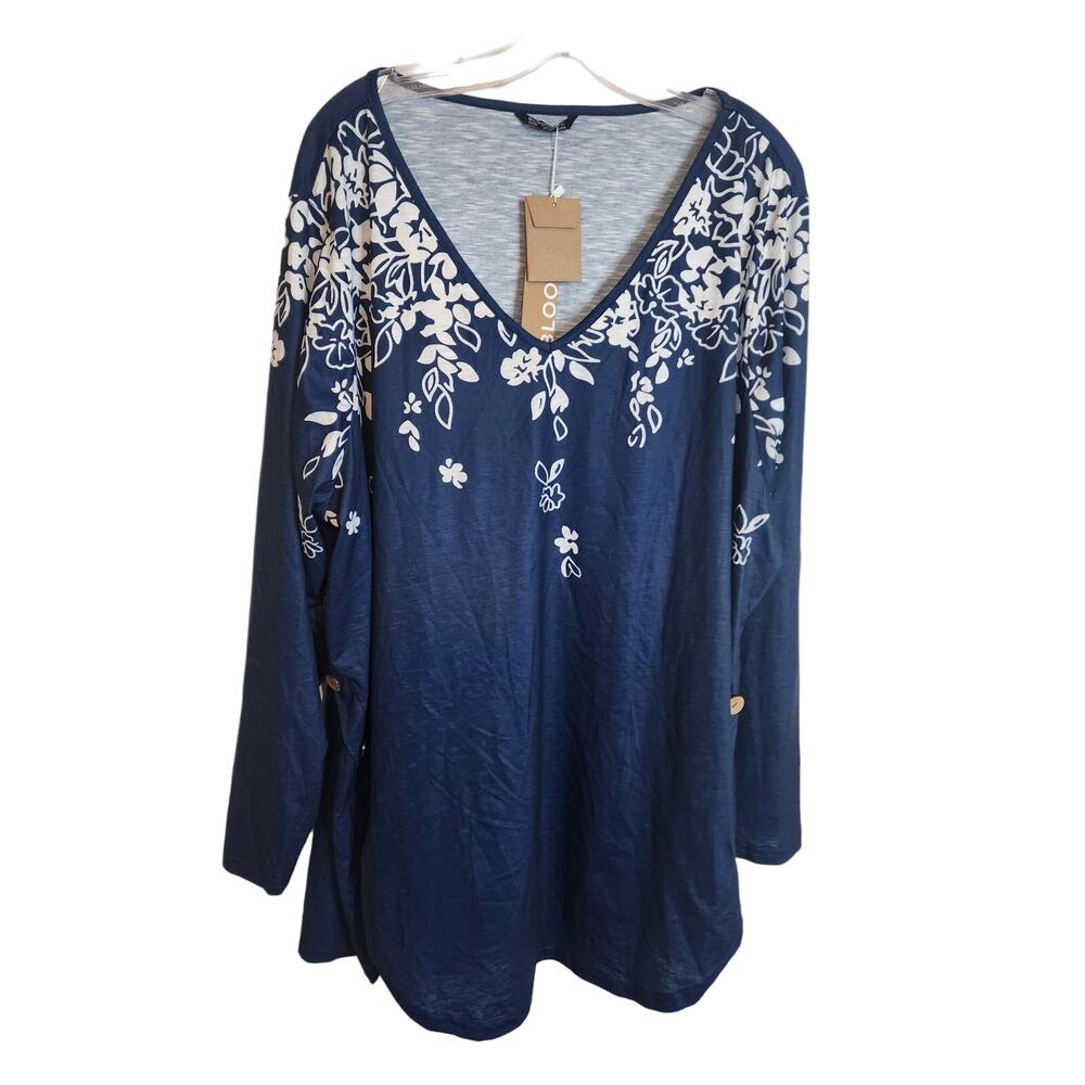 BloomChic Floral V-Neck Tunic-Length Tee with Side Button Deteails, NWT, 4X